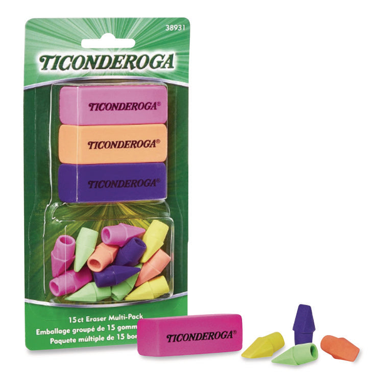 Neon Eraser Multipack, For Pencil Marks, (12) End-Cap Erasers, (3) Block Erasers, Assorted Colors