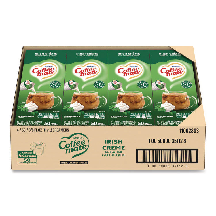 Liquid Coffee Creamer, Irish Cream, 0.38 oz Mini Cups, 50/Box, 4 Boxes/Carton