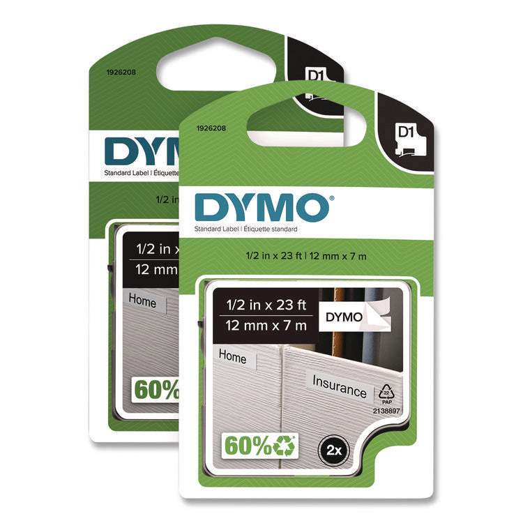 D1 Standard Labels, 0.5" x 23 ft, Black Print on White Tape, 2/Pack