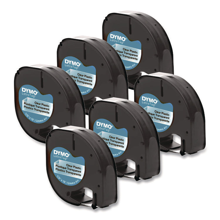 LetraTag Plastic Label Tape Cassette, 0.5" x 13 ft, Black on Clear, 6/Pack