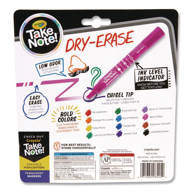 Take Note Dry-Erase Markers, Broad, Chisel Tip, Assorted, 12/Pack