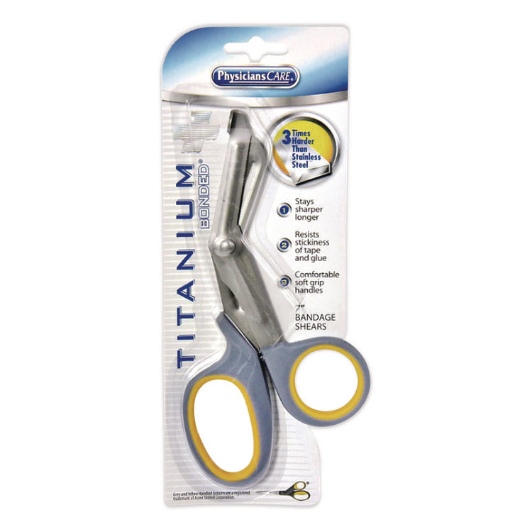 Titanium-Bonded Angled Medical Shears, 7" Long, 3" Cut Length, Crane-Style Gray/Yellow Handle