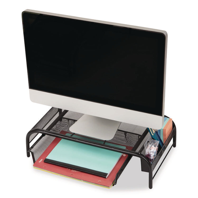 Raise Metal Mesh Monitor Stand With Drawer, 20" X 11.5" X 5.6", Black, Supports 25 Lbs