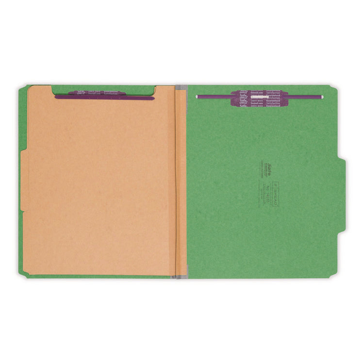 Six-Section Pressboard Top Tab Classification Folders, Six SafeSHIELD Fasteners, 2 Dividers, Letter Size, Green, 10/Box