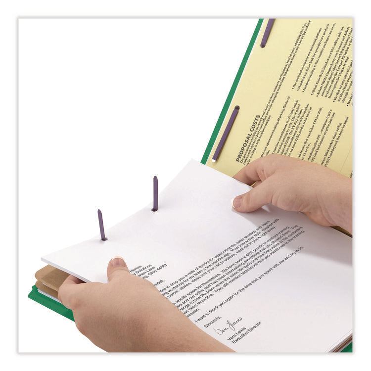 Six-Section Pressboard Top Tab Classification Folders, Six SafeSHIELD Fasteners, 2 Dividers, Letter Size, Green, 10/Box