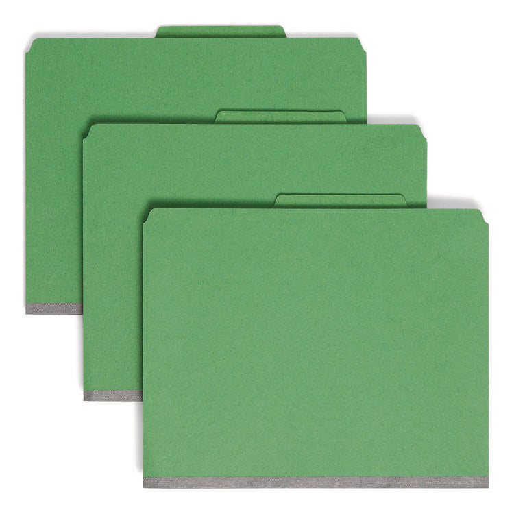 Six-Section Pressboard Top Tab Classification Folders, Six SafeSHIELD Fasteners, 2 Dividers, Letter Size, Green, 10/Box