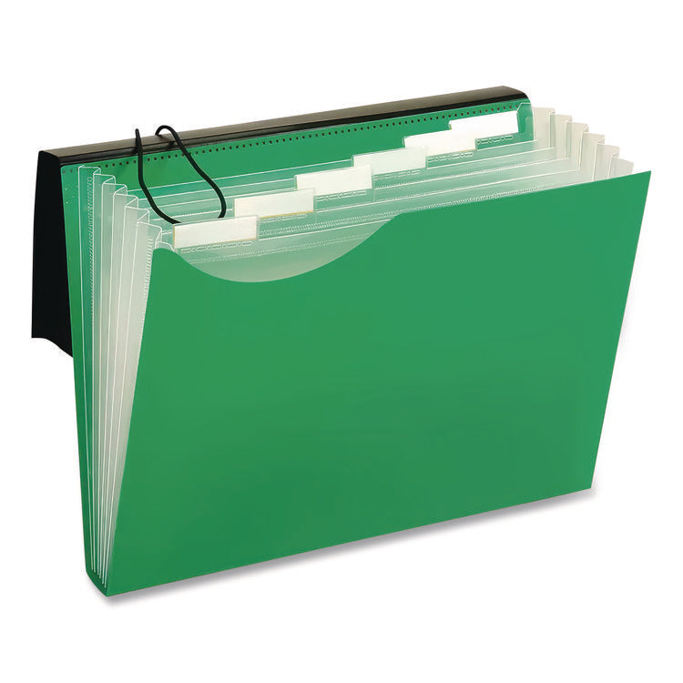 Seven-Pocket Poly Expanding File, 1" Expansion, 7 Sections, Elastic Cord Closure, 1/6-Cut Tabs, Letter Size, Green