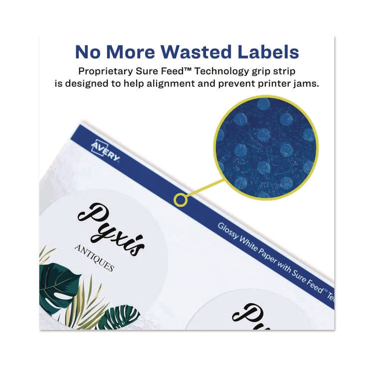 Sure Feed Glossy Labels, 3" dia, White, 8 Labels/Sheet, 10 Sheets Pack
