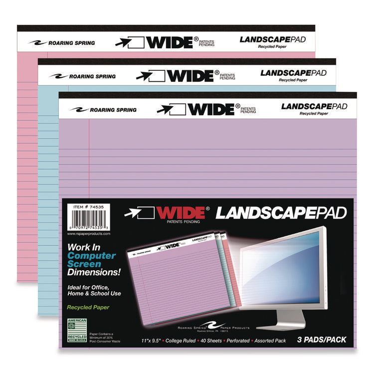 WIDE Landscape Format Writing Pad, Unpunched, Medium/College Rule, Assorted Colors, (40) 11 x 8.5 Sheets, 3/Pack