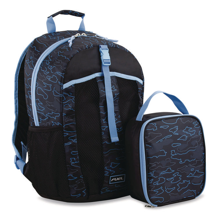 Bijoux Deluxe Backpack and Lunch Bag Bundle, 15.5" Laptop Sleeve, 12" x 8" x 18.5" and 7.5" x 4.25" x 9", Black/Blue Camo