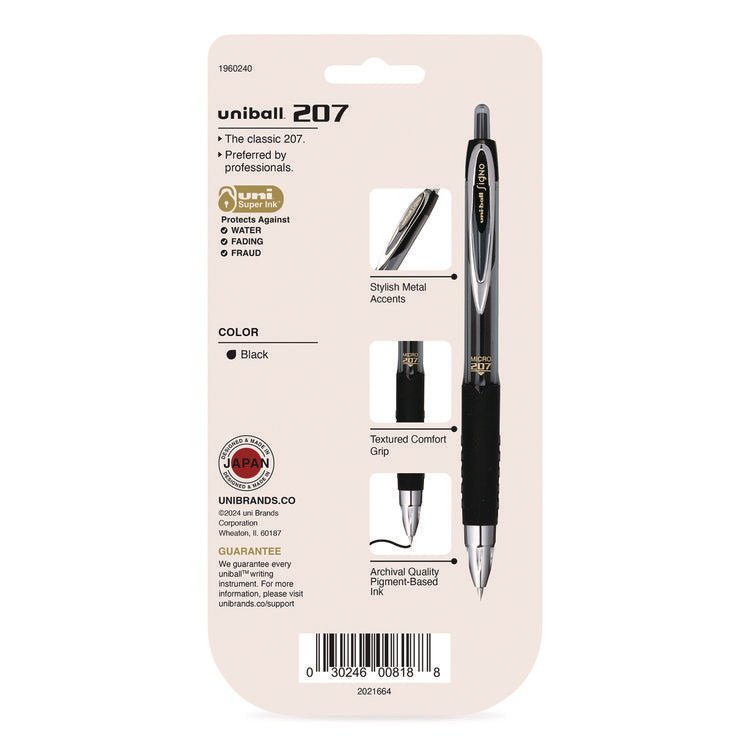 Signo 207 Gel Pen, Retractable, Fine 0.5 mm, Black Ink, Smoke/Black Barrel, 5/Pack