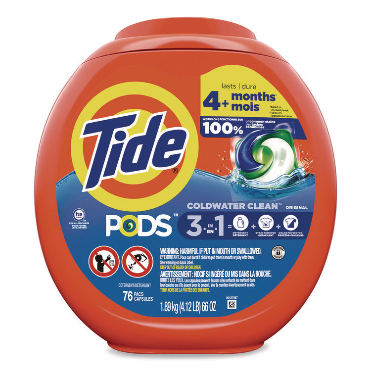 PODS Laundry Detergent, HE Compatible, Coldwater Clean Original, 66 oz Tub, 76 Pods/Tub, 4 Tubs/Carton