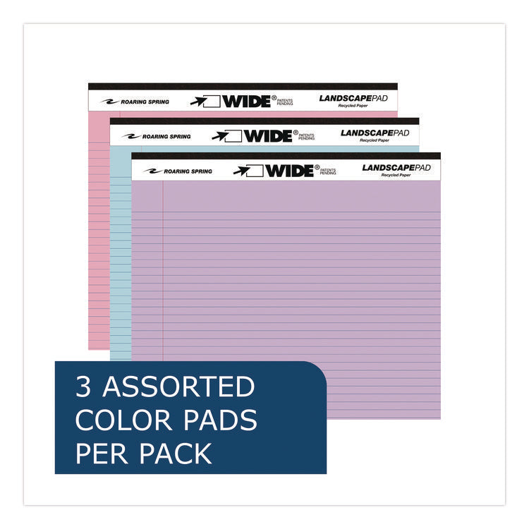 WIDE Landscape Format Writing Pad, Unpunched, Medium/College Rule, Assorted Colors, (40) 11 x 8.5 Sheets, 3/Pack