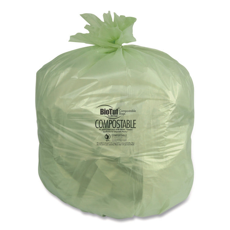 Biotuf Compostable Can Liners, 33 gal, 0.9 mil, 33" x 39", Light Green, 25 Bags/Roll, 8 Rolls/Carton