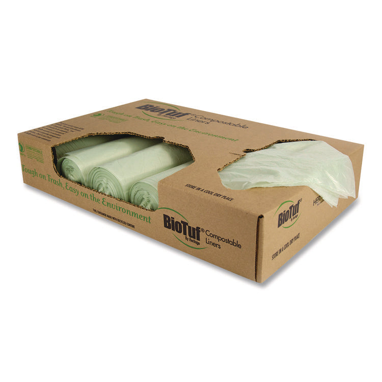 Biotuf Compostable Can Liners, 48 gal, 0.8 mil, 42" x 48", Green, 25 Bags/Roll, 5 Rolls/Carton