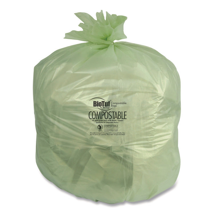 Biotuf Compostable Can Liners, 64 gal, 1 mil, 47" x 60", Green, 20 Bags/Roll, 5 Rolls/Carton