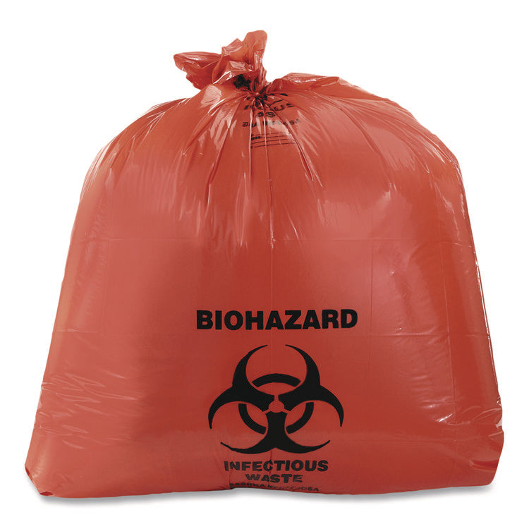 Healthcare Pre-Printed High-Density Can Liners, Infectious Waste Biohazard, 33 gal, 13.97mic, 33 x 40, Red, Flat Pack, 250/CT
