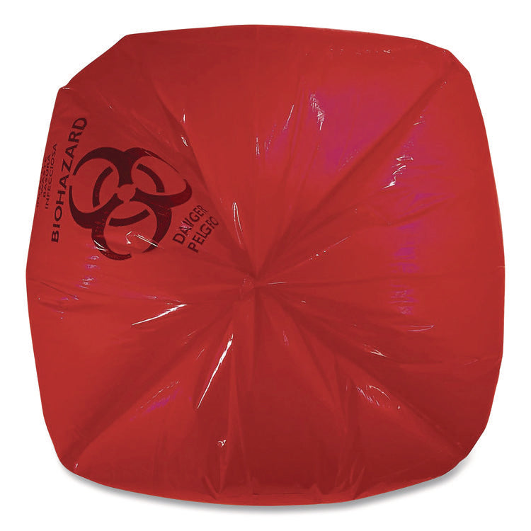 Healthcare Pre-Printed High-Density Can Liners, Infectious Waste Biohazard, 33 gal, 13.97mic, 33 x 40, Red, Flat Pack, 250/CT