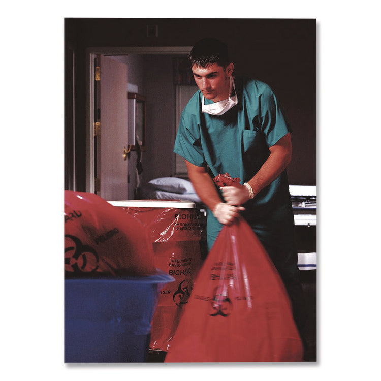 Healthcare Pre-Printed High-Density Can Liners, Infectious Waste Biohazard, 33 gal, 13.97mic, 33 x 40, Red, Flat Pack, 250/CT
