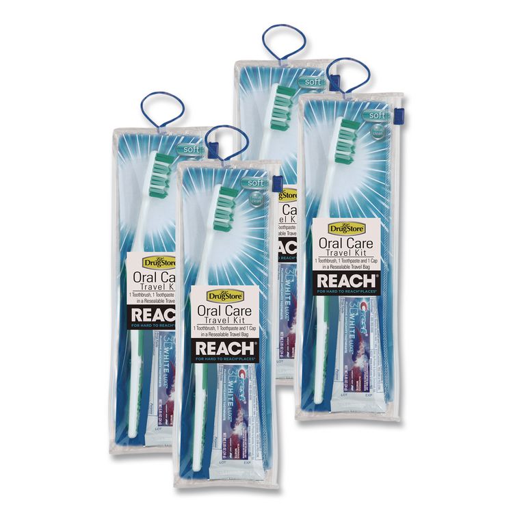 Oral Care Kit. Toothbrush/Toothpaste in Resealable Pouch, Assorted Colors, 4/Box