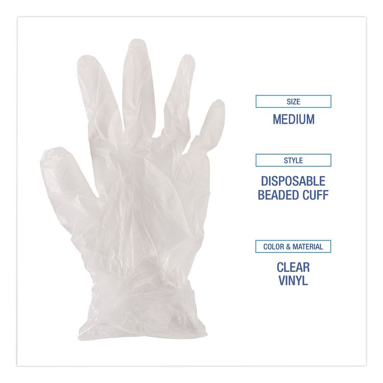Exam Vinyl Gloves, Powder-Free, Medium, 3.6 mil Thick, 9.5" Long, Clear, 100/Box, 10 Boxes/Carton
