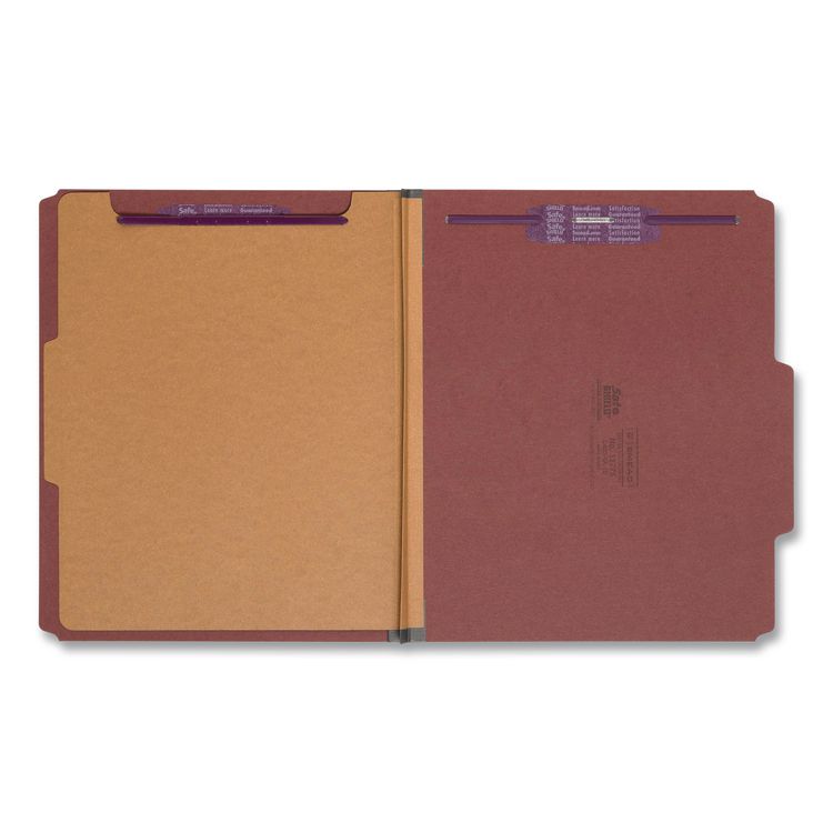 Pressboard Classification Folders, Four SafeSHIELD Fasteners, 2/5-Cut Tabs, 1 Divider, Letter Size, Red, 10/Box