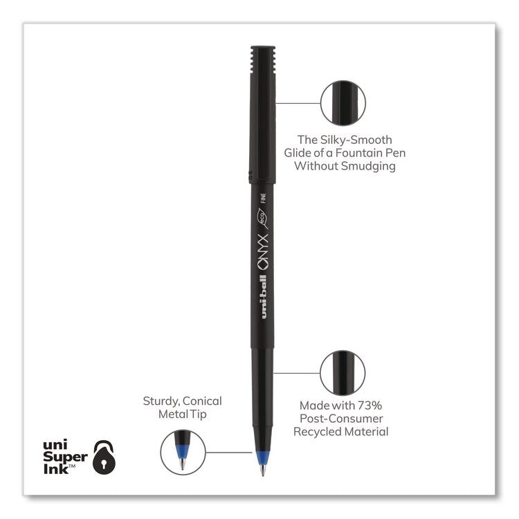 ONYX Rollerball Pen, Stick, Fine 0.7 mm, Blue Ink, Black/Blue Barrel, 72/Pack