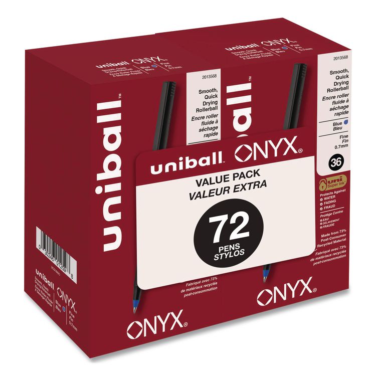 ONYX Rollerball Pen, Stick, Fine 0.7 mm, Blue Ink, Black/Blue Barrel, 72/Pack