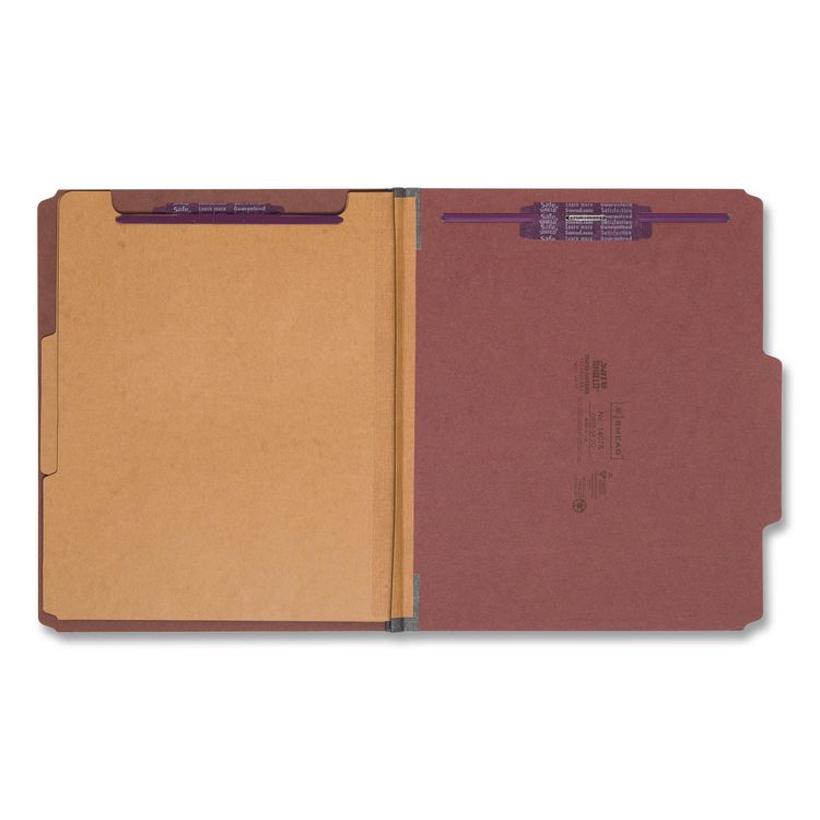 Pressboard Classification Folders, Six SafeSHIELD Fasteners, 2/5-Cut Tabs, 2 Dividers, Letter Size, Red, 10/Box