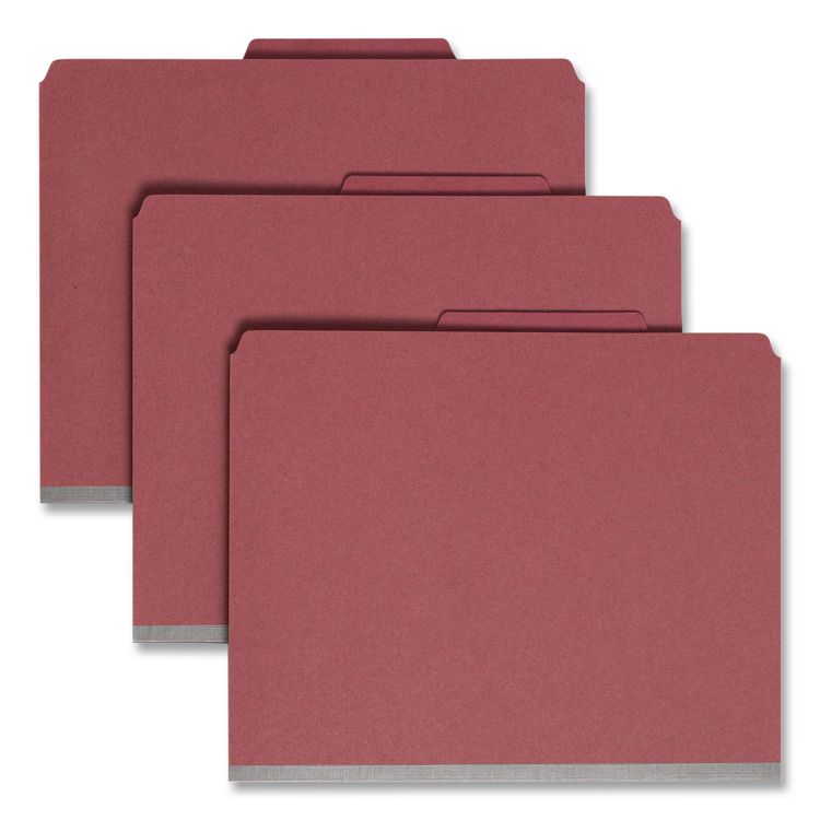 6-Section Pressboard Top Tab Pocket Classification Folders, 6 SafeSHIELD Fasteners, 2 Dividers, Letter Size, Red, 10/Box
