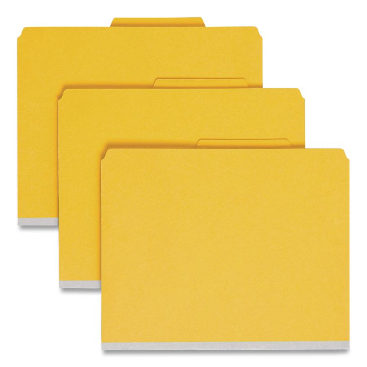 6-Section Pressboard Top Tab Pocket Classification Folders, 6 SafeSHIELD Fasteners, 2 Dividers, Letter Size, Yellow, 10/Box