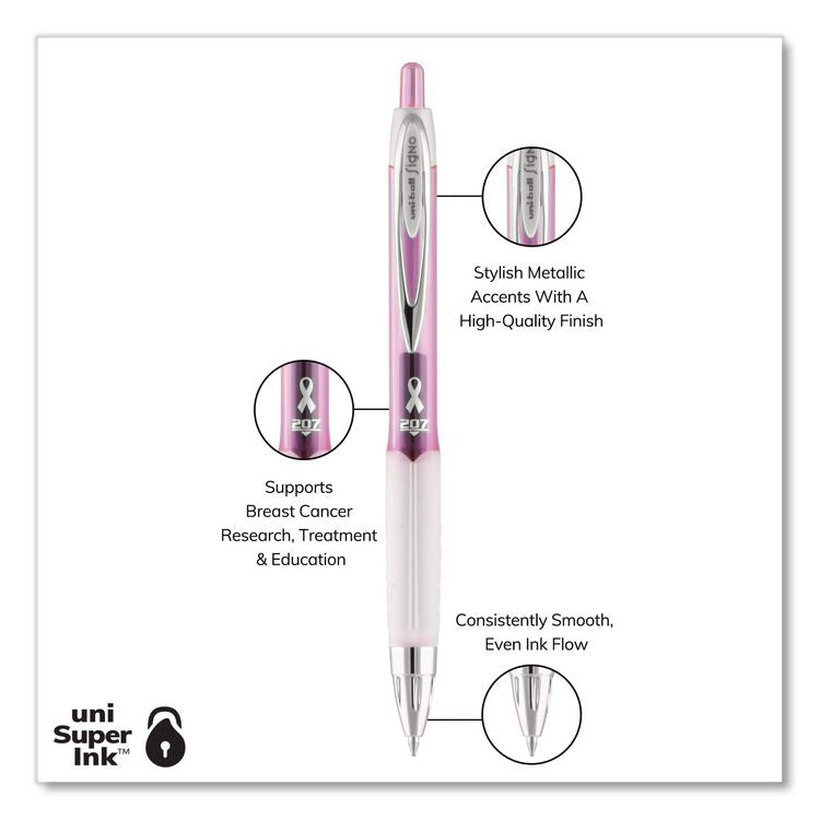 Signo 207 City of Hope Edition Gel Pen, Retractable, Medium 0.7 mm, Black Ink, Translucent Pink/White Barrel, Dozen
