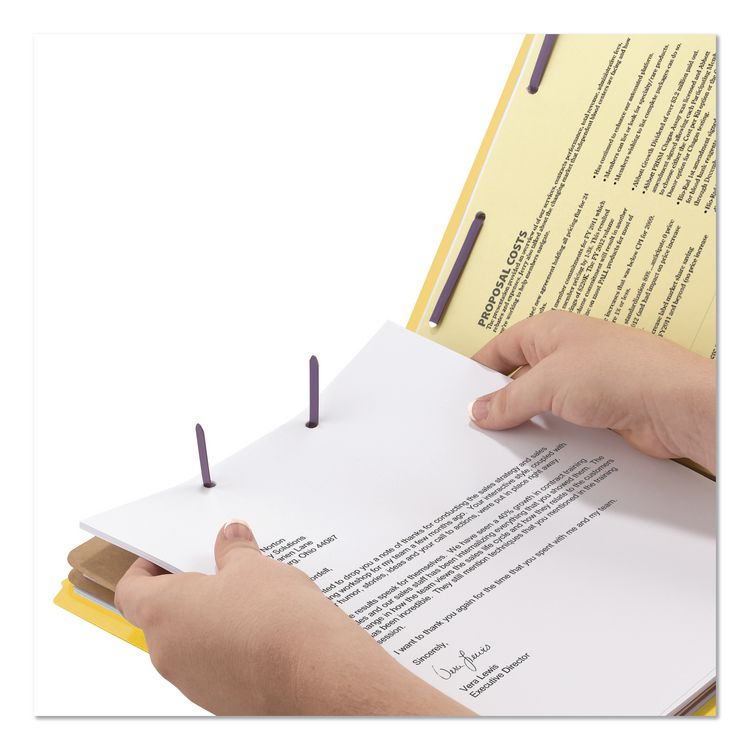 End Tab Pressboard Classification Folders, Six SafeSHIELD Fasteners, 2" Expansion, 2 Dividers, Legal Size, Yellow, 10/Box
