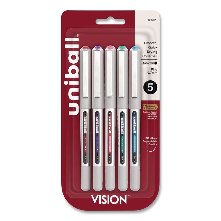 VISION Rollerball Pen, Stick, Fine 0.7 mm, Assorted Ink and Barrel Colors, 5/Pack