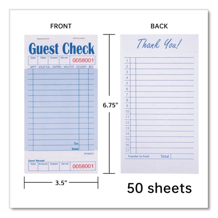 Guest Check Pad with Ruled Back, 15 Lines, One-Part (No Copies), 3.5 x 6.7, 50 Forms/Pad, 50 Pads/Carton