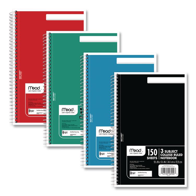 Spiral Notebook, 3-Subject, Medium/College Rule, Randomly Assorted Cover Color, (150) 9.5 x 5.5 Sheets