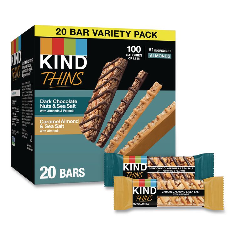 Thins Dark Chocolate Nuts and Sea Salt/Caramel Almond and Sea Salt Variety Pack, 0.74 oz Bar, 20/Box