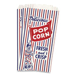 Pinch-Bottom Paper Popcorn Bag, Delicious Popcorn: Circus Clown Icon Labeling, 4" x 1.5" x 8", Red/White/Blue, 1,000/Carton