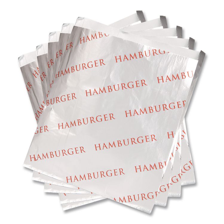 Foil Single-Serve Bags, Hamburger Labeling, 6" x 0.75" x 6.5", Silver/Red, 1,000/Carton
