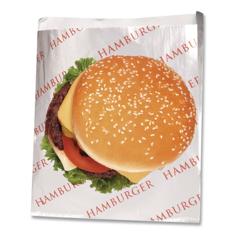 Foil Single-Serve Bags, Hamburger Labeling, 6" x 0.75" x 6.5", Silver/Red, 1,000/Carton