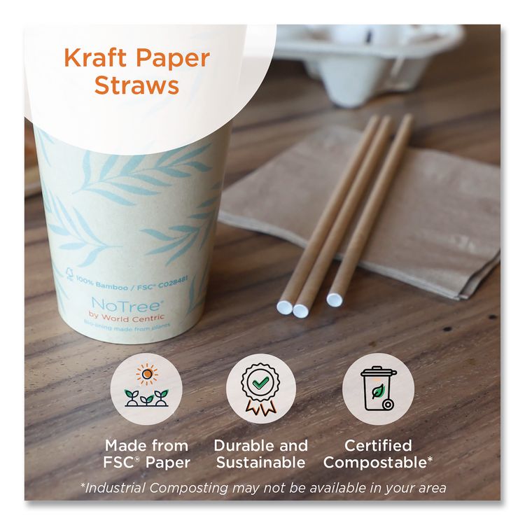 Sustainable Kraft Paper Straws, Wrapped, 8", Natural, 6,000/carton