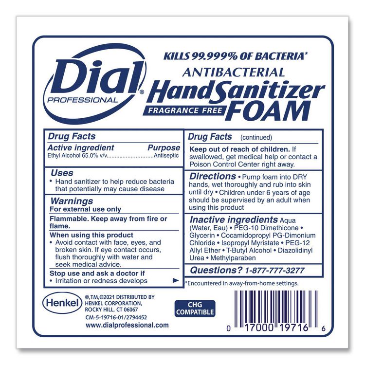 Antibacterial Foaming Hand Sanitizer Refill For Dial 1700 Dispenser, 1.2 L Refill, Fragrance-Free, 3/carton