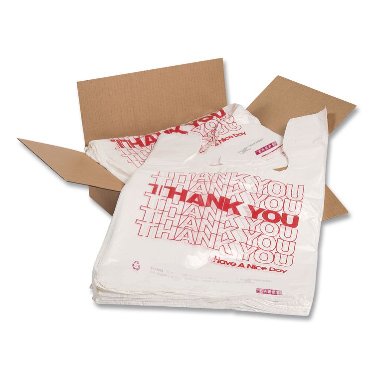 Thank You High-Density Shopping Bags, Have a Nice Day Labeling, Cut-Out Handles, 8" x 4" x 16", White/Red, 2,000/Carton