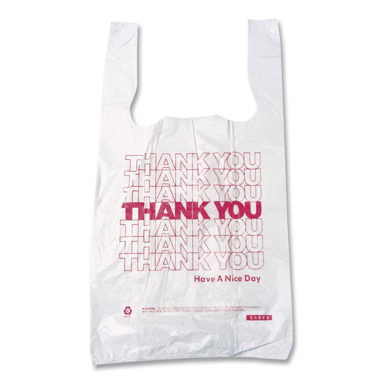 Thank You High-Density Shopping Bags, Have a Nice Day Labeling, Cut-Out Handles, 10" x 5" x 19", White/Red, 2,000/Carton