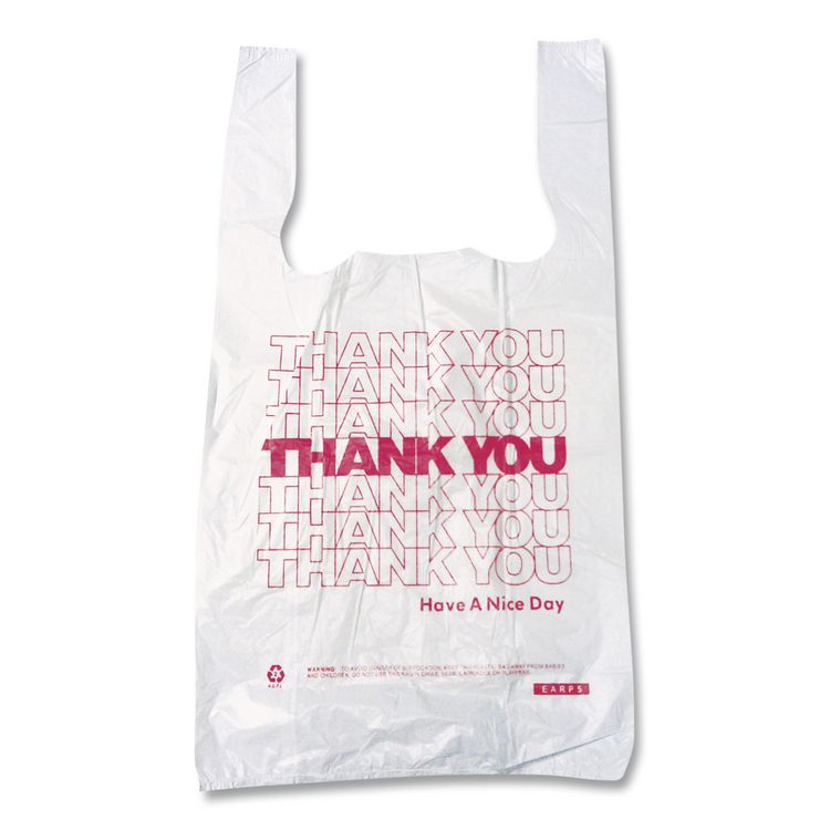 Thank You High-Density Shopping Bags, Have a Nice Day Labeling, Cut-Out Handles, 18" x 8" x 30", White/Red, 500/Carton
