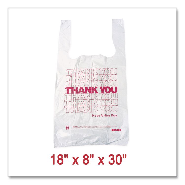 Thank You High-Density Shopping Bags, Have a Nice Day Labeling, Cut-Out Handles, 18" x 8" x 30", White/Red, 500/Carton