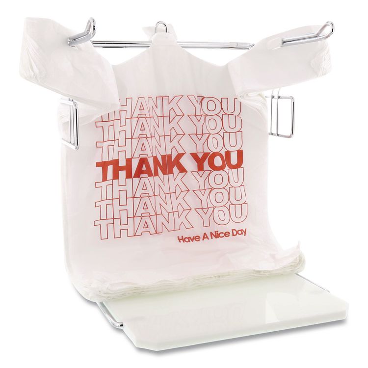 Thank You High-Density Shopping Bags, Have a Nice Day Labeling, Cut-Out Handles, 18" x 8" x 30", White/Red, 500/Carton