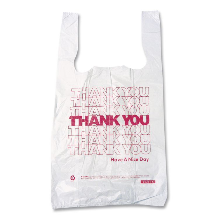 Thank You High-Density Shopping Bags, Have a Nice Day Labeling, Cut-Out Handles, 8" x 4" x 16", White/Red, 2,000/Carton