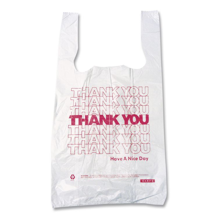 Thank You High-Density Shopping Bags, Have a Nice Day Labeling, Cut-Out Handles, 8" x 4" x 16", White/Red, 2,000/Carton