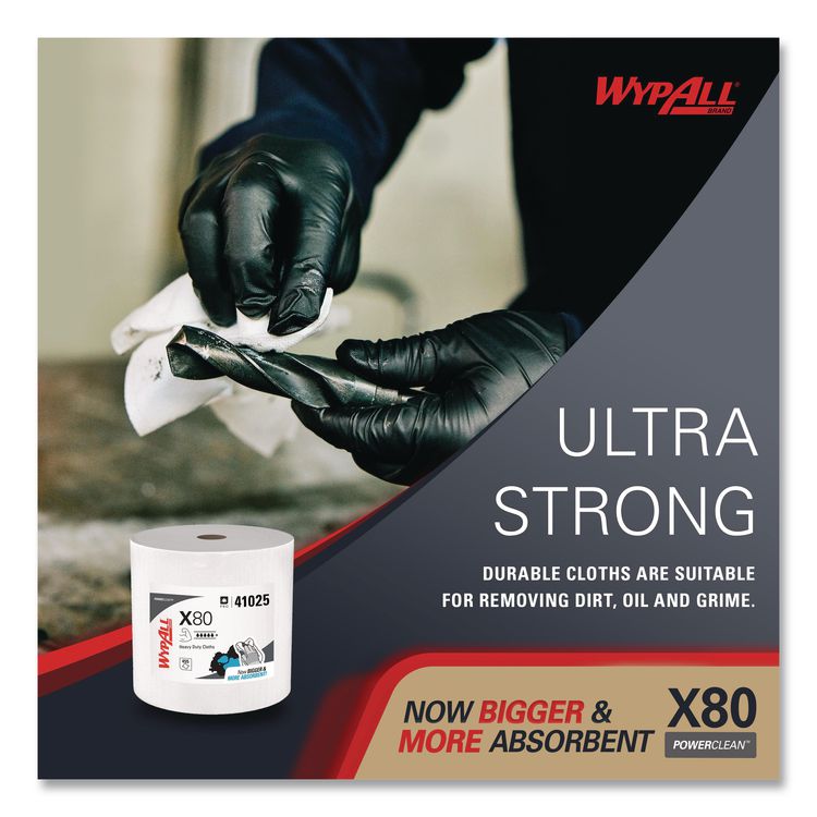 Power Clean X80 Heavy Duty Cloths, Jumbo Roll, 12.4 x 12.2, White, 475/Roll